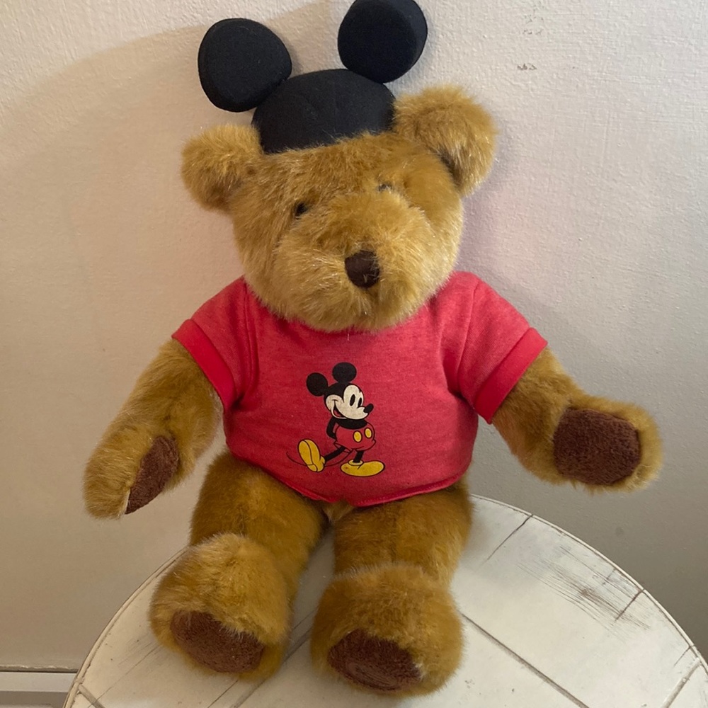 Walt Disney store Plush bear wearing Mickey Mouse ears and Mickey Mouse shirt